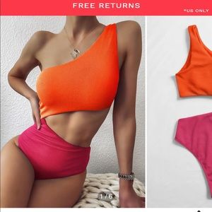 Two Tone Ribbed One Shoulder Swimsuit, medium